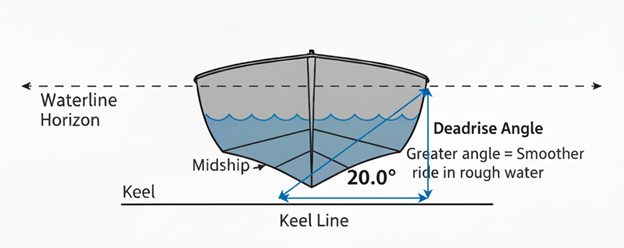 در این شکل نمودار زاویه Deadrise یک بدنه V شکل قایق را نشان میدهد که معرف زاویه بین کف بدنه و صفحه افقی در خط کیل است و برای درک عملکرد شناور در شرایط مختلف آب حیاتی میباشد.